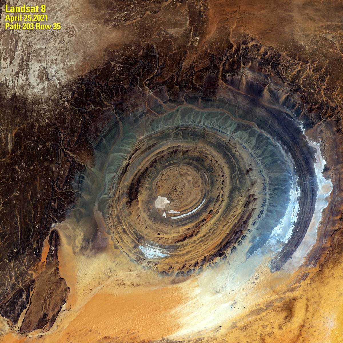 This Landsat 8 Collection 2 image was acquired over the Richat Structure near the western edge of the Sahara desert on April 25, 2020 and is shown as a natural color composite using the red, green, and blue bands (Bands 4,3,2).