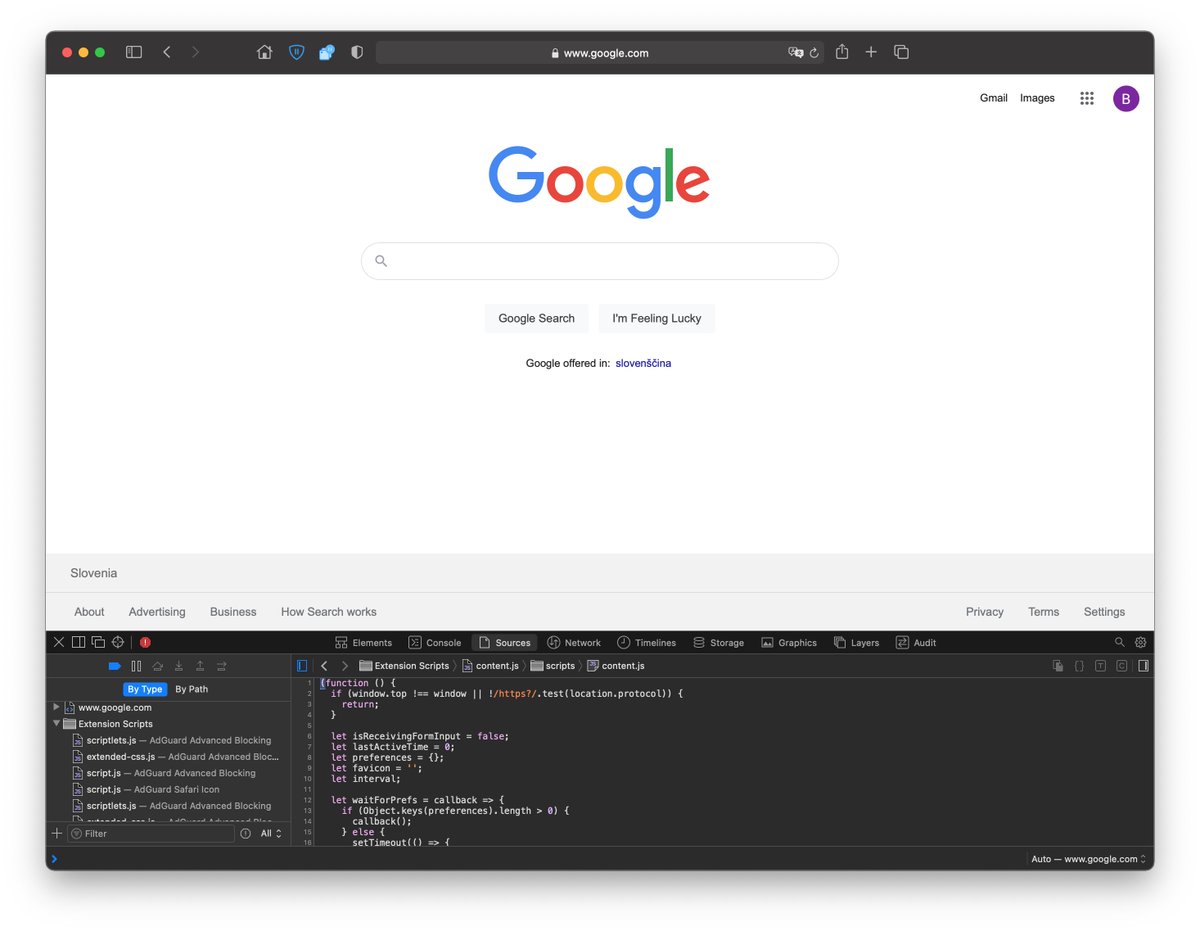 modfind's tweet photo. @joaolucas_nm 3/ You can actually see what the script does by opening the Safari developer console -> sources -> extension scripts

Let me know if this helped reassure you :)

Feel free to ping me any time. https://t.co/juJpzG3VDY