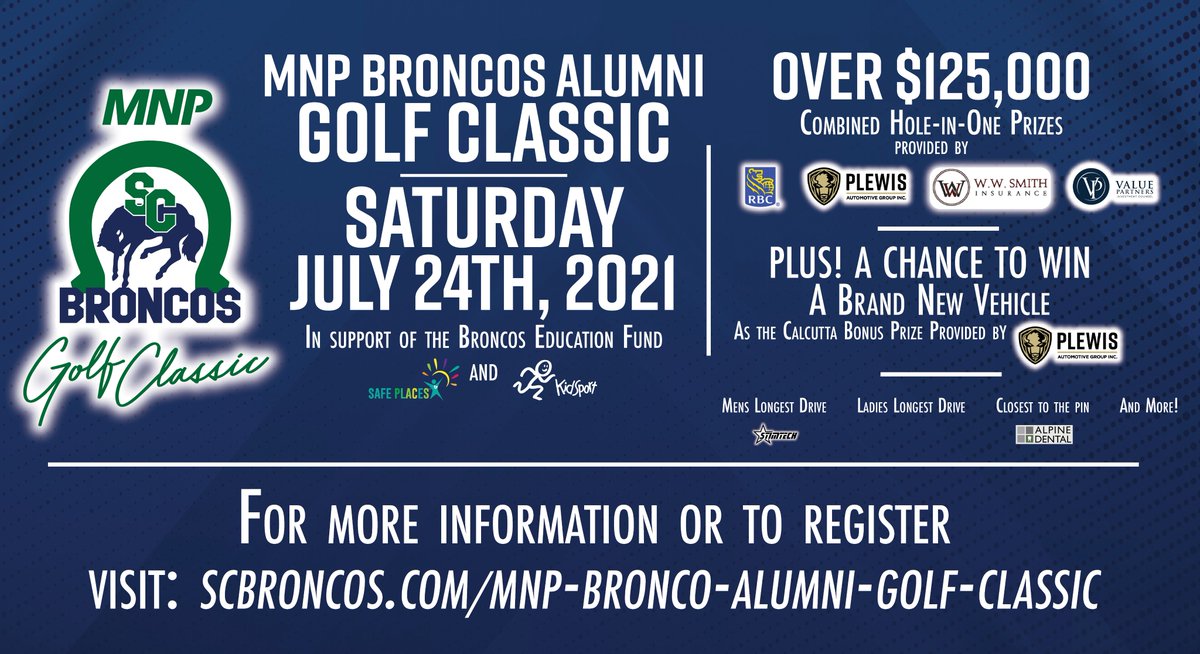 The MNP Broncos Alumni Golf Classic is back with over $125,000 combined hole-in-one prizes for you to take home. Join some of our favourite Alumni on July 24th for a round we promise you won't forget! Limited spots are available. 

Registration details: scbroncos.com/mnp-bronco-alu…