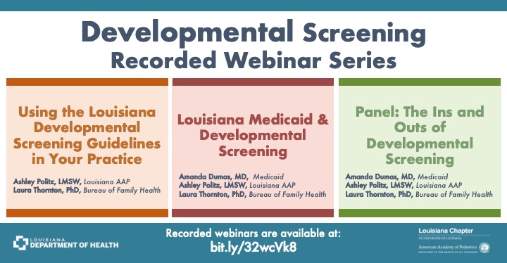 LouisianaPFH's tweet image. Did you miss our Developmental Screening webinar series? Don’t worry, all the recordings are available on our website! Free CE are still available. Learn more and register at bit.ly/32wcVk8.  #DevelopmentalScreening