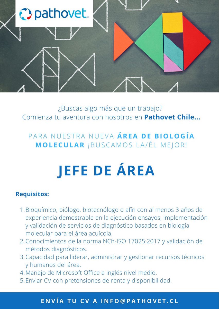 pathovetlab's tweet photo. We are hiring! Para cubrir una vacante de Jefe de Área Biología Molecular en #Pathovet #Chile #Bioquímico #Biólogo #Biotecnólogo o afín. Si quieres ser parte de la biofábrica más innovadora aplicada a la acuicultura en Chile y Latam, postula enviando CV #AllYouNeedIsLAB https://t.co/hsIHhnJeUr