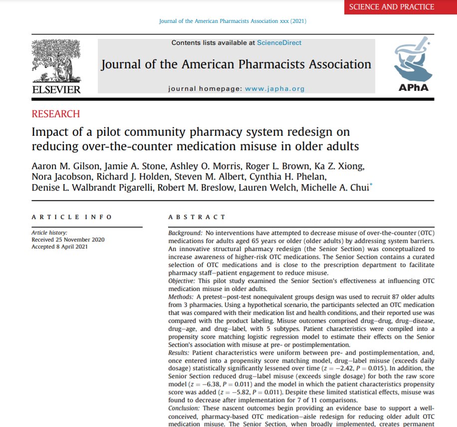 Journal of the American Pharmacists Association (@japhajournal) on Twitter photo IN PRESS: A well-conceived pharmacy-based OTC aisles redesign can reduce older adult OTC medication misuse and improve medication safety. <a href="/Chui_SAMS_Lab/">Chui Lab - Systems Approach to Med Safety (SAMS)</a> <a href="/UWMadPharmacy/">UW–Madison School of Pharmacy</a> @AHRQnet
#patientsafety #TwitteRx #pharmacists
japha.org/article/S1544-… IN PRESS: A well-conceived pharmacy-based OTC aisles redesign can reduce older adult OTC medication misuse and improve medication safety. <a href="/Chui_SAMS_Lab/">Chui Lab - Systems Approach to Med Safety (SAMS)</a> <a href="/UWMadPharmacy/">UW–Madison School of Pharmacy</a> @AHRQnet
#patientsafety #TwitteRx #pharmacists
japha.org/article/S1544-…