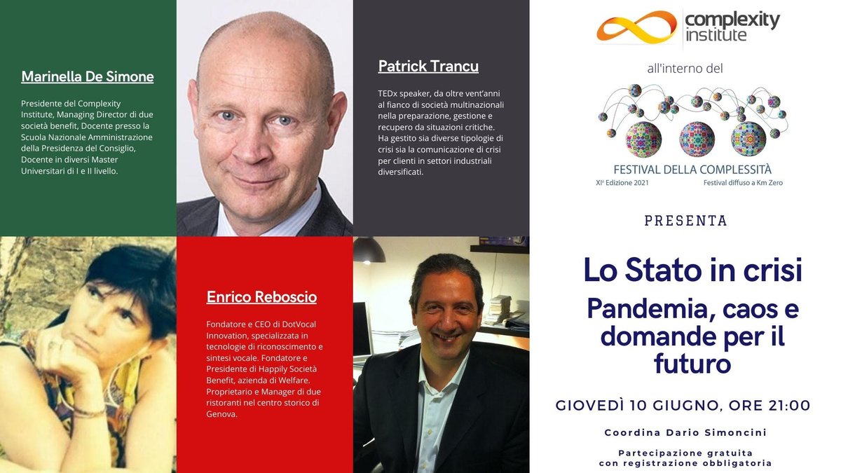🗓️ Manca poco!
📌Domani 10 giugno ⏰ 21.00
<a href="/desimonemari/">Marinella De Simone</a>, <a href="/patricktrancu/">Patrick Trancu ➡️ I am now on Blue Sky</a> e <a href="/EnricoReboscio/">Enrico Reboscio</a>  presenteranno il libro "Lo Stato in crisi" al Festival della Complessità. Web meeting gratuito organizzato dal <a href="/ComplexityInst/">Complexity Institute</a> 
Registrazione 👉 eventbrite.it/e/biglietti-lo… #lostatoincrisi