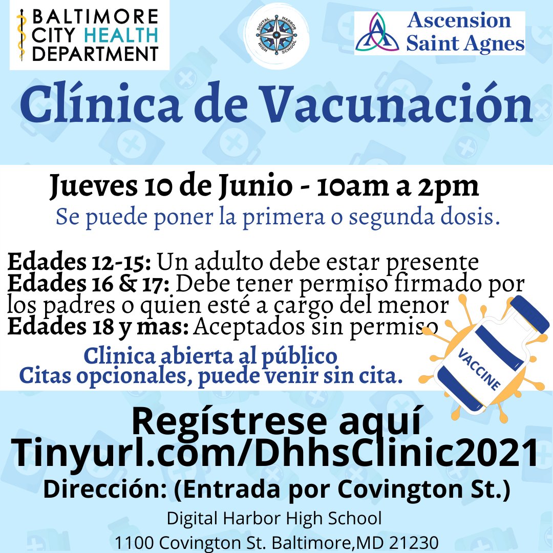 RealDHHS's tweet photo. Digital Harbor is having another covid vaccination clinic !!! We are so excited to welcome the community in our building tomorrow. We are no longer accepting reserved appointments! Walk-ins are welcome. We will see you all tomorrow! Feel free to share this flyer. #digitalharbor https://t.co/pHFSYWHr4W
