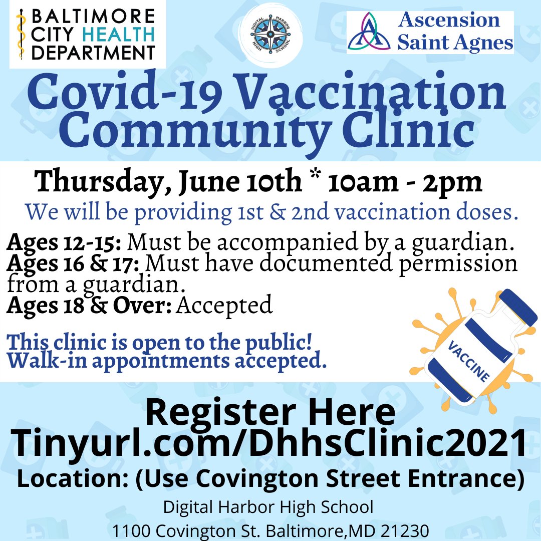 RealDHHS's tweet photo. Digital Harbor is having another covid vaccination clinic !!! We are so excited to welcome the community in our building tomorrow. We are no longer accepting reserved appointments! Walk-ins are welcome. We will see you all tomorrow! Feel free to share this flyer. #digitalharbor https://t.co/pHFSYWHr4W
