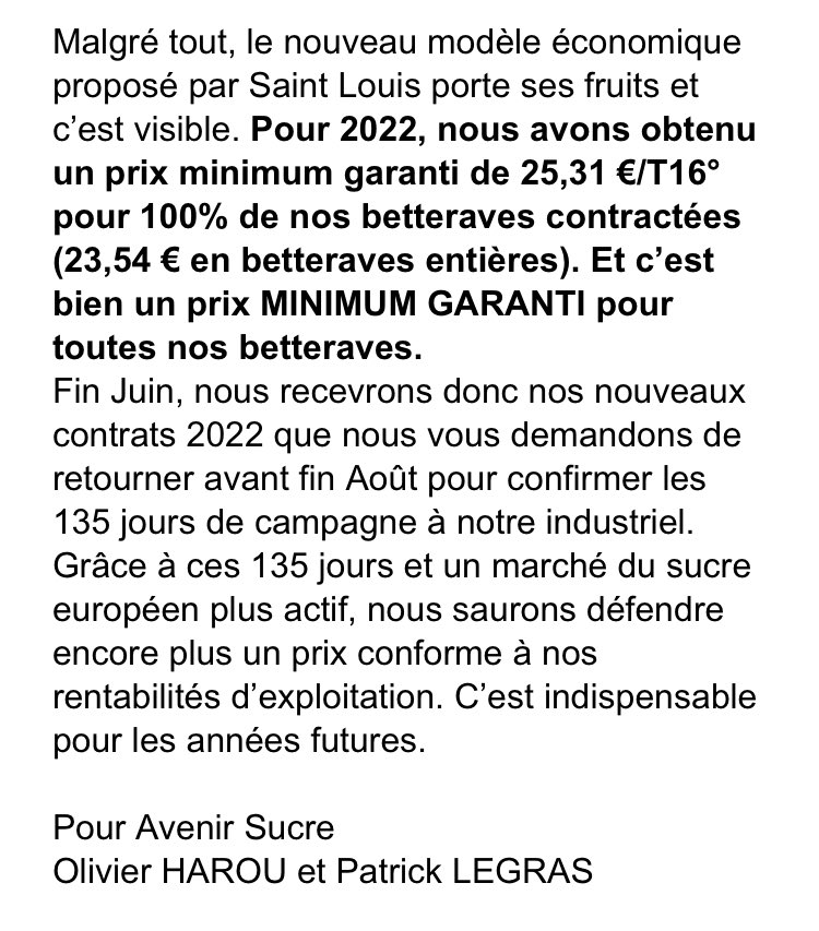 Avenir_SucreOP's tweet photo. Bonjour à tous,

Nous avons siégé aujourd’hui à la CRV de Saint Louis Sucre pour finaliser le prix payé de nos betteraves 2020. Le prix de 25,56 € / T16° a été obtenu (c’est 23,78 €/T16° en betteraves entières). https://t.co/Yt0ad2uD10