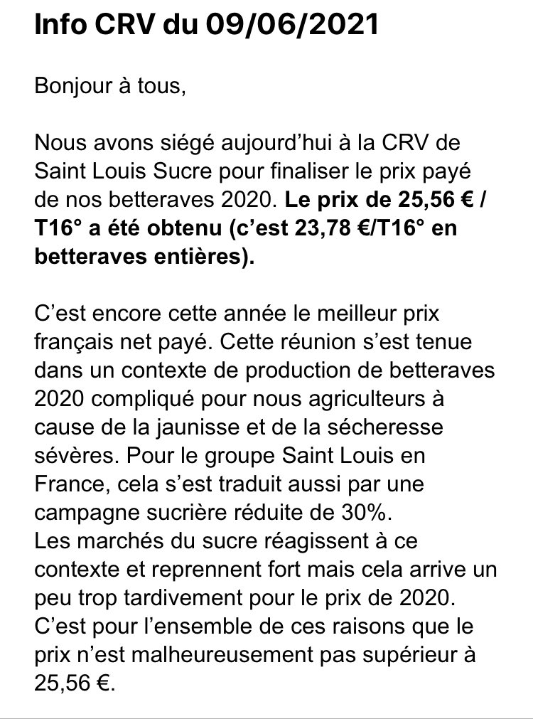 Avenir_SucreOP's tweet photo. Bonjour à tous,

Nous avons siégé aujourd’hui à la CRV de Saint Louis Sucre pour finaliser le prix payé de nos betteraves 2020. Le prix de 25,56 € / T16° a été obtenu (c’est 23,78 €/T16° en betteraves entières). https://t.co/Yt0ad2uD10