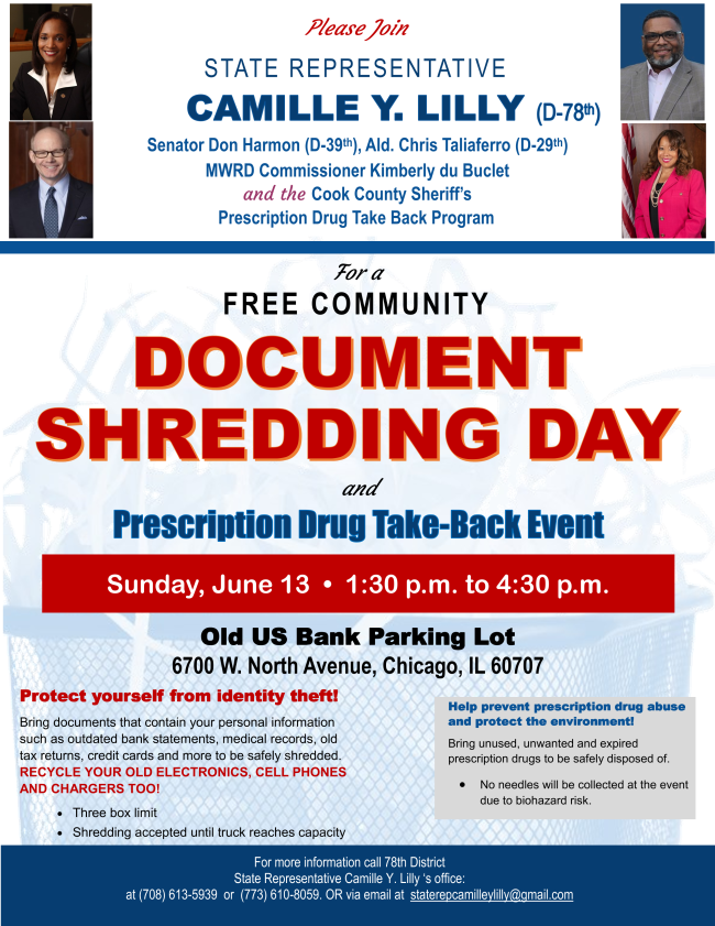 DonHarmonIL's tweet photo. Join Sunday the 13th @ Chicago, North Avenue Shred & Recycle event! Protect against identify theft & safely recycle electronics. Prescription giveback too. @replilly78 Alderman Taliaferro @Kim4Water #IL39 Details here: https://t.co/5OamIygnzf