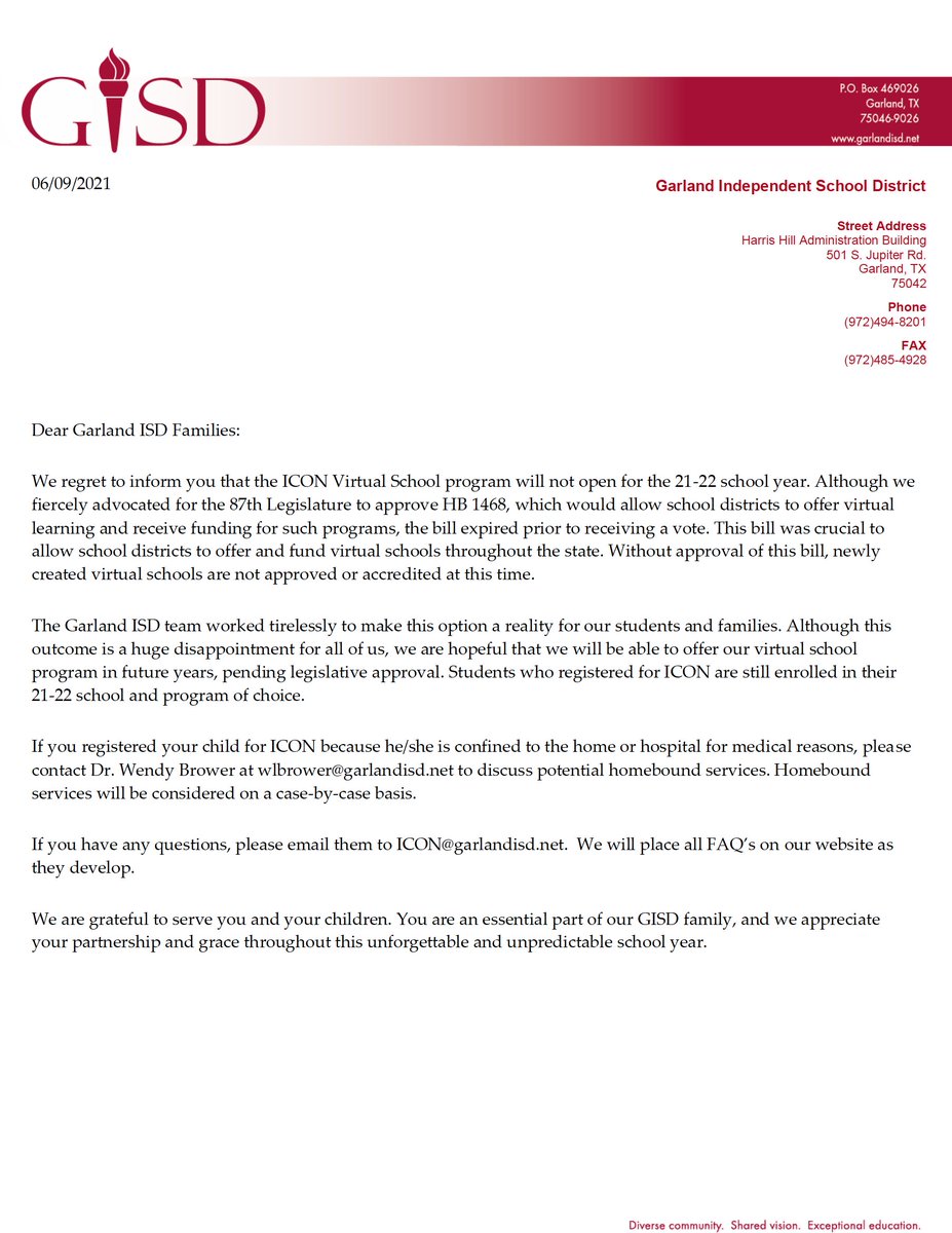 gisdnews's tweet photo. We regret to inform you that the ICON Virtual School program will not open for the 2021-22 school year. Please read an important message from Garland ISD. More: https://t.co/teUW1EJ8l2 https://t.co/9i3JW1QX55