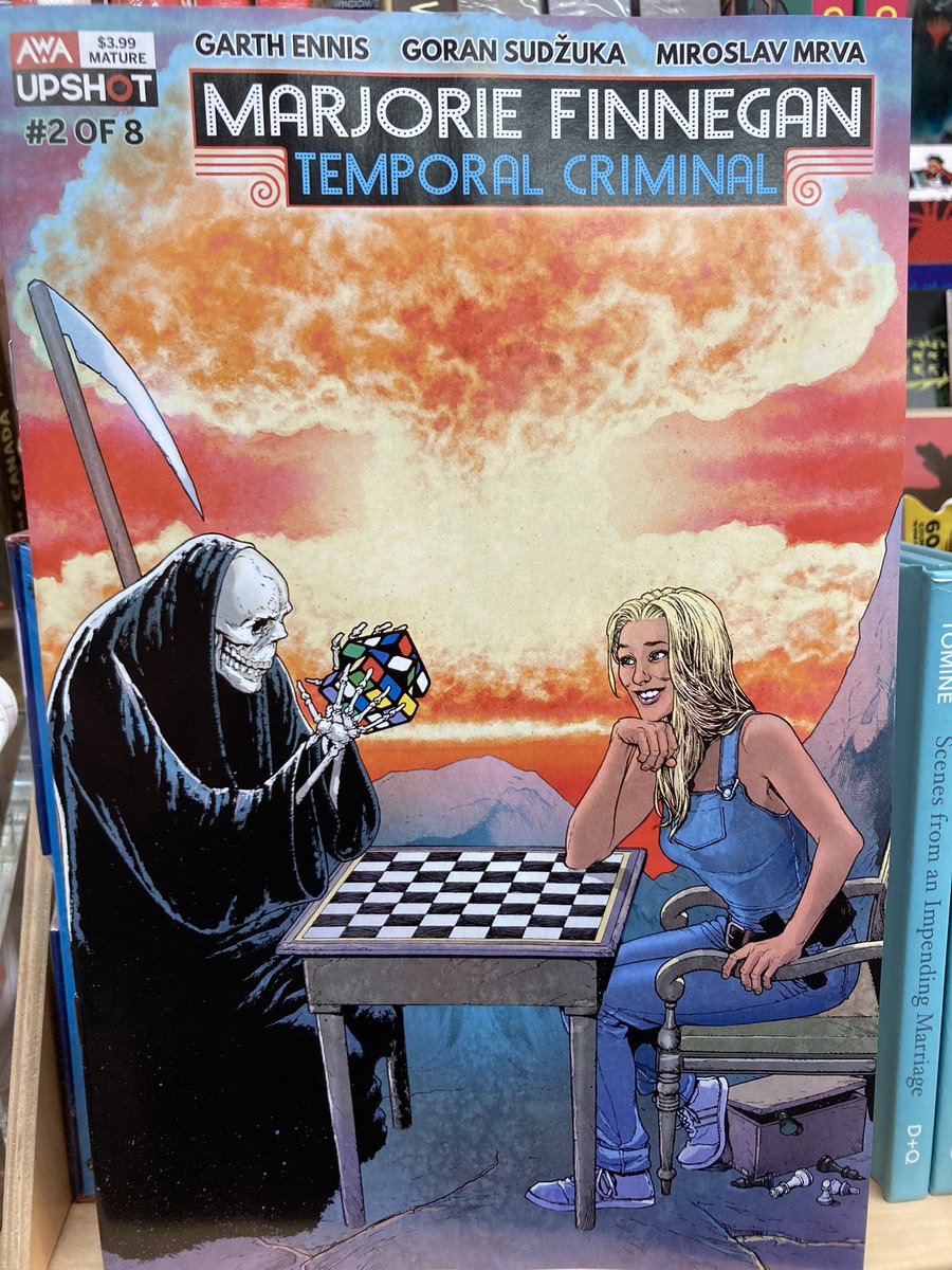 Best two out of three? #marjoriefinnegantemporalcriminal takes on the reaper in issue two of her new series, new this week from #garthennis, #goransudzuka, #miroslavmrva, and #awaupshotcomics! #ncbd #newcomicbookday #readmorecomics