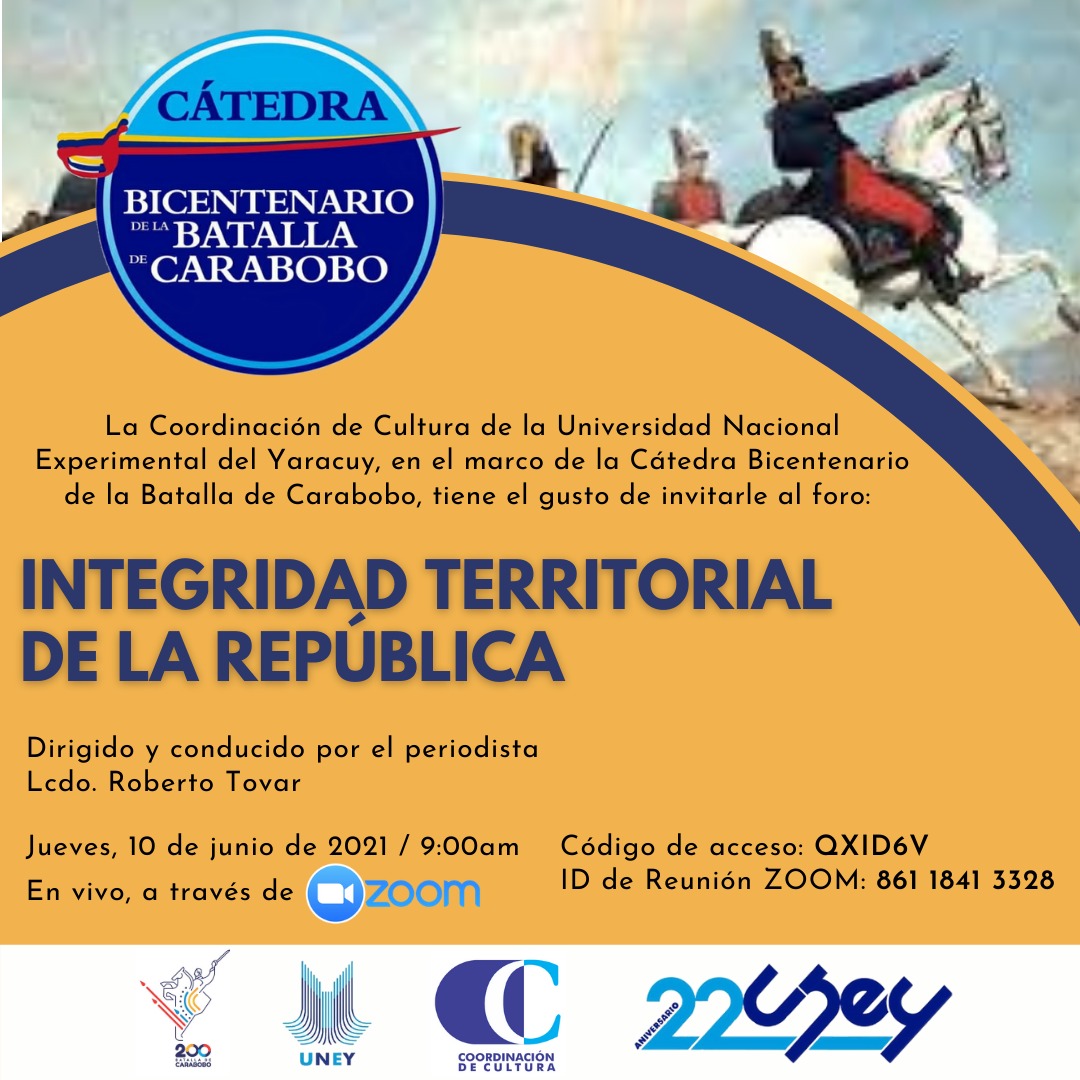 En la <a href="/uney_oficial/">UNEY</a> los #Jueves son de #CatedraBicentenaria esta cordialmente invitados por #zoom el tema Integridad Territorial de la República con <a href="/RobertoTovarMRT/">ROBERTO TOVAR</a> como ponente. <a href="/NicolasMaduro/">Nicolás Maduro</a> @CTrompiz2 <a href="/JLEONYARA/">JULIO LEÓN</a> <a href="/arbolve/">ArbolVe</a> <a href="/sibceuney1/">SIBCE-UNEY</a> <a href="/ABGCACAM/">CARLOS CAMACARO</a> <a href="/PrensaUney/">Prensa UNEY</a>