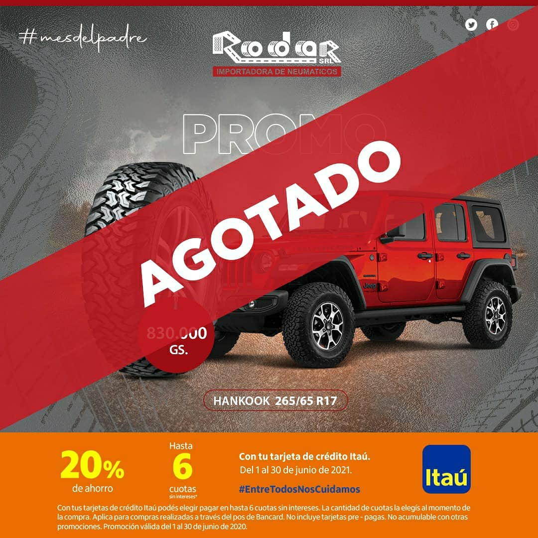 RodarSrl's tweet photo. No pierdas tiempo que los súper descuentos de @ItauParaguay están arrasando con todo y ya se nos están agotando varios productos. 

Aprovechá las 6 cuotas sin intereses para equipar a tu vehículo 🚗 como se merece 🤩 https://t.co/QW4EtDmcfP