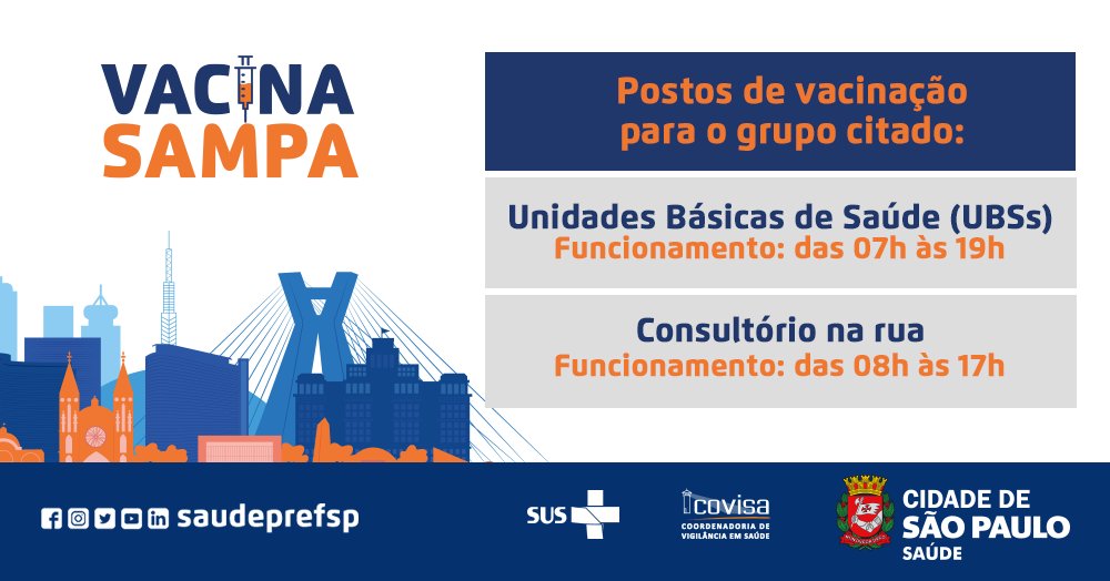 saudeprefsp's tweet image. A identificação será feita pelo Consultórios na Rua e pelas Estratégia de Saúde da família e atendidas pelas:

🗓 468 Unidades Básicas de Saúde (UBS) das 7h às 17h e
🚐 26 equipes dos Consultórios na Rua.

#VacinaSim #VacinaSampa #SaúdePrefSP #SPsemCovid #PopulaçãoEmSituaçãoDeRua