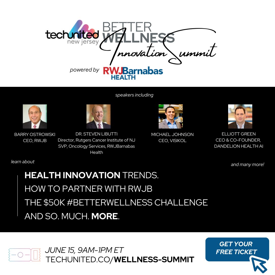 WeAreTechUnited's tweet photo. Tune in to the #BetterWellness Innovation Summit powered by @RWJBarnabas on 6/15 to get insights & news from the incredible lineup of speakers including RWJBH's CEO, Dr. Steve Libutti from @RutgersCancer, @Visikol & Dandelion Health AI! RSVP today: https://t.co/kv7Tq6voKI https://t.co/v4tk3Jxdvl