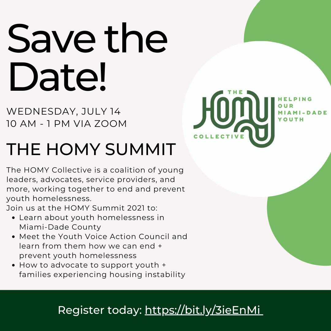 HomyCollective's tweet photo. Hello Everyone, we would like to announce that we will be having our Homy Summit Wednesday July 14, 2021 from 10:00am-1:00pm location on zoom. Please use the link in our bio to register for the event. Join us at the Homy Summit to end youth homelessness. #miami #miamidadecounty https://t.co/yYGtAGo8np