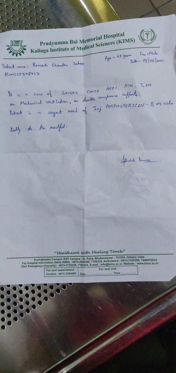 bijeta20's tweet photo. #covid_request #covid_help
patient - Ramesh Chandra Sahoo
55yrs
Hosp- KIMS ICU ,Bbsr
Requirement- Amphotericin B (liposomal)
Contact- 9861144388
please help @CMO_Odisha @bmcbbsr @sabyaactor @firdous_sofia @tanaya_p @SanjayKr1997 @Amar4Odisha @KIMSBBSR @achyuta_samanta @sikhaid_ https://t.co/HdieghvQtK