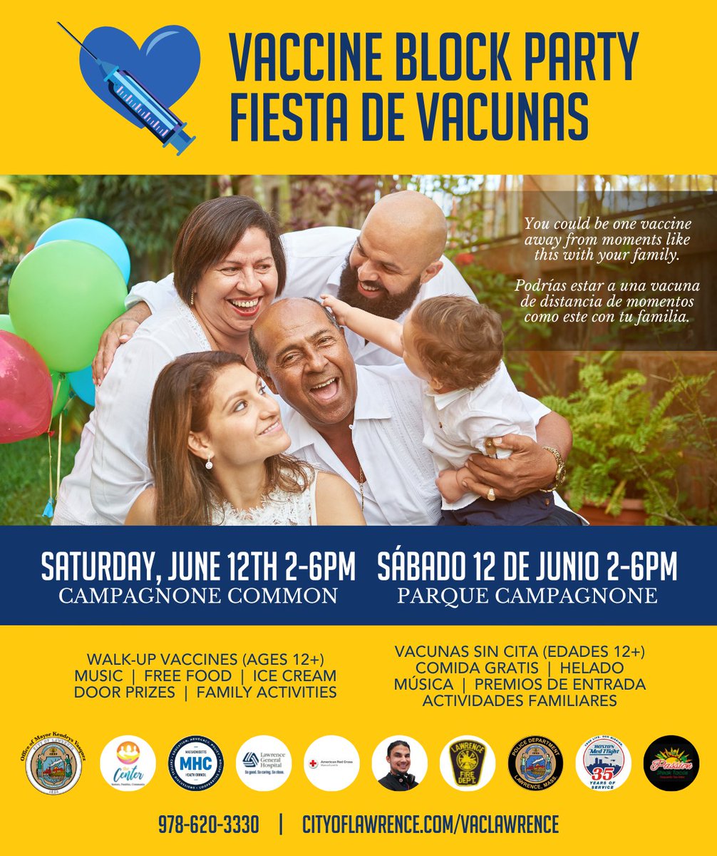 🎉 ¡El Alcalde Vásquez le invita a la Fiesta de Vacunas el sábado 12 de junio, de 2 a 6 de la tarde, en el Parque Campagnone!

#LawrenceMA