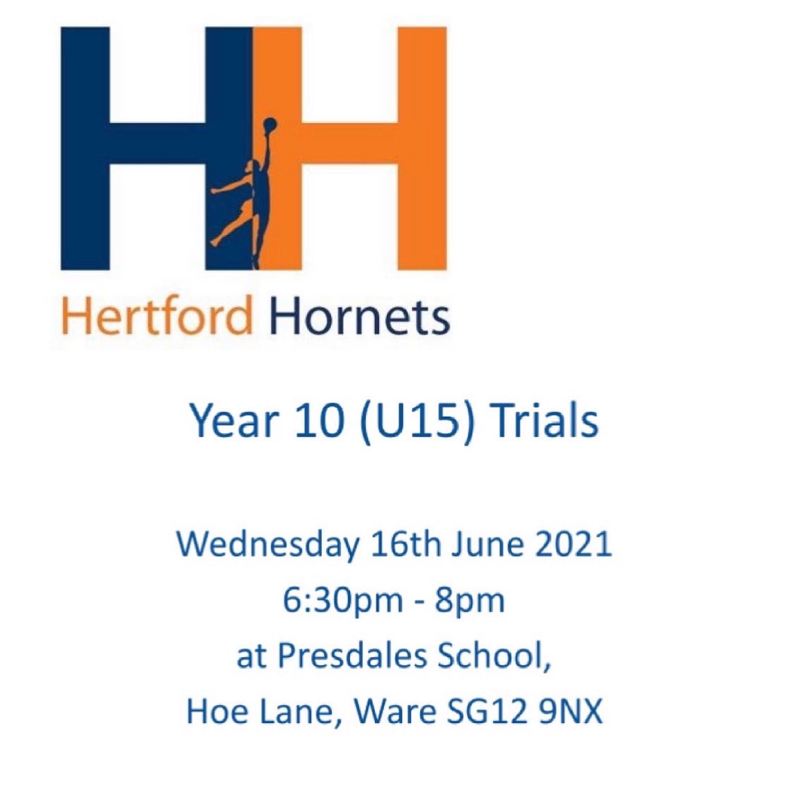 TRIALS ALERT - BOOK NOW!! Year 10/U15s trials!!! Come join a friendly, competitive club!! To join please go to our website and click on juniors news and events! #comejoinus #u15snetball #netballeast #hertsnetball #blueandorangefamily🧡🐝💙