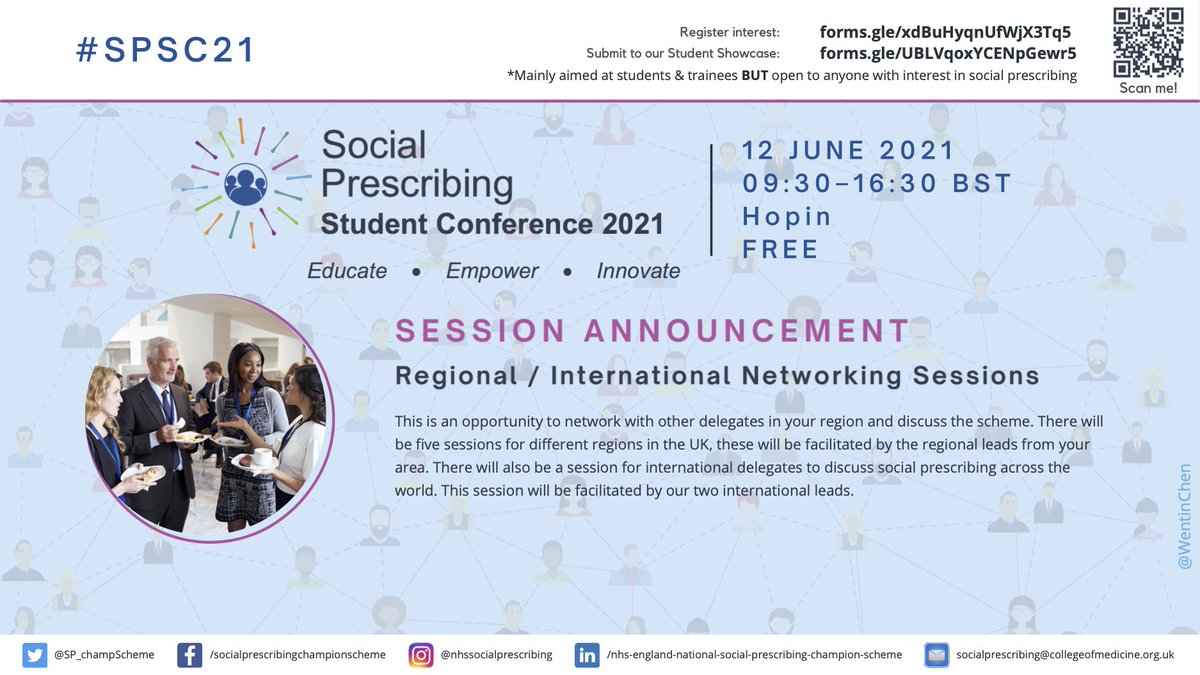 📣 #SPSC21 Session Announcement‼️

Our brilliant regional leads have organised interactive discussion and networking sessions. 💬

Network with other delegates, and discuss the scheme and #SocialPrescribing activities in your region. 👥

🎟 Tickets (free): forms.gle/xdBuHyqnUfWjX3…