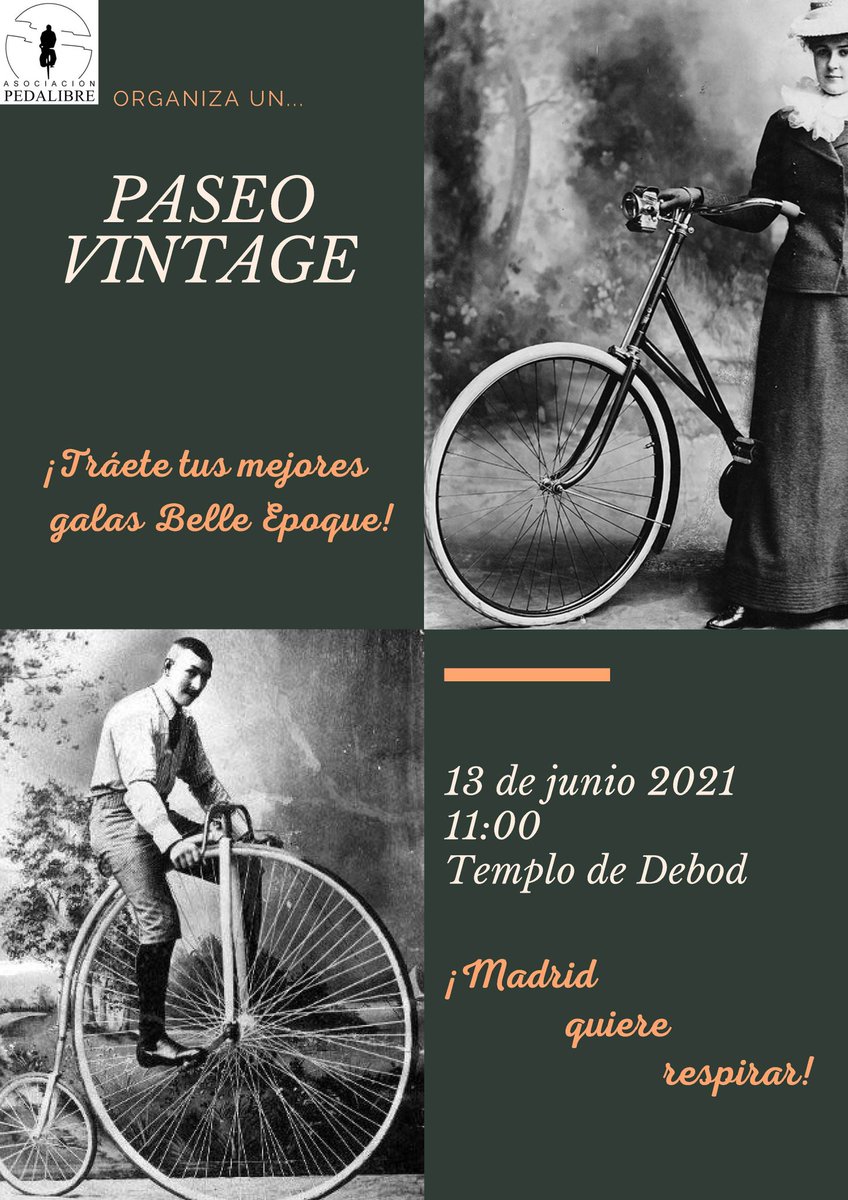 Este domingo,  ponte tus mejores galas para darnos un paseo en bici 🚲 de época 🎩 a ritmo de charlestón 🎶 y a favor de #MadridQuiereRespirar
🗓 13.06.21
🕚 11h
📌 Templo de Debod 
Acabaremos el paseo en una Gran Vía, liberada de coches, ruido y humo 🌼🌈
pedalibre.org/2021/06/09/ven…