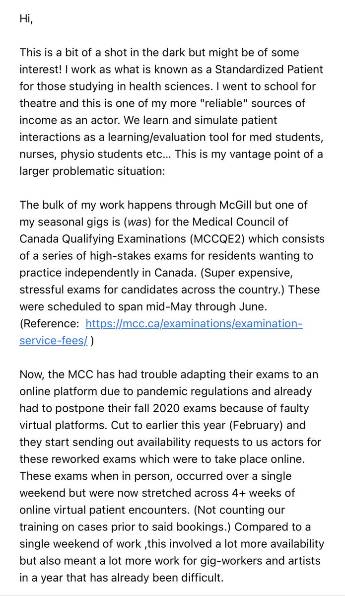 thomasjwf's tweet photo. Posting a thread / summary about the dismal treatment of Standardized Patients by the @MedCouncilCan in the wake of the suspended #mccqe2 virtual exams.
(Screenshot context: this is from an e-mail i sent to @CBCMontreal this morning.) #medtwitter (1/5) https://t.co/ofHxS9okTK