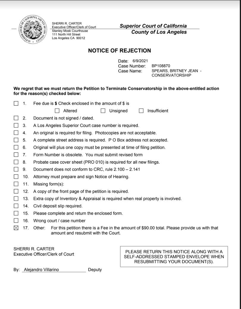 BritneyAdvocate's tweet photo. A Petition to Terminate the Conservatorship was filed, and subsequently rejected as a mandatory $90 filing fee was not paid. Not sure who filed, and not sure if it’s for the Conservator of the Person or the Estate (remember she has two) https://t.co/JUBRQ0jVuE