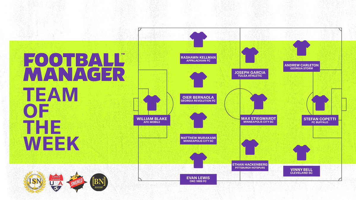 Our fourth <a href="/FootballManager/">Football Manager</a> Team of the Week for the 2021 <a href="/NPSLSoccer/">National Premier Soccer League (NPSL)</a> season has arrived!  <a href="/AFCMobile/">AFC Mobile</a>, <a href="/AppalachianFc/">Appalachian FC</a>, <a href="/Ga_Revolution/">Georgia Revolution FC</a>, <a href="/mplscitysc/">Minneapolis City SC</a>, <a href="/OKC1889/">Oklahoma City 1889 FC</a>, <a href="/TTownSoccer/">Tulsa Athletic</a>, <a href="/HotspursClub/">Hotspurs Soccer Club</a>, @GASTORM_NPSL, <a href="/FCBuffalo/">FC Buffalo</a> , and <a href="/SoccerCLE/">Cleveland SC</a> are all represented! #NPSL #FM21