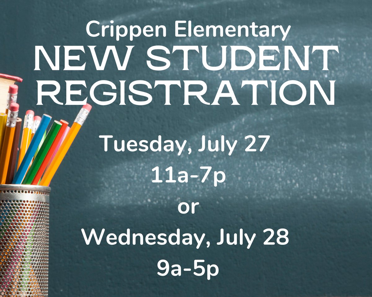 Reminder: New student registration will be held at Crippen Elementary on the following dates:

Tuesday, July 27 from 11 AM -7 PM

Wednesday, July 28 from 9 AM - 5 PM.

Please click on the website below for further information about registration. 

newcaneyisd.org/Domain/80
