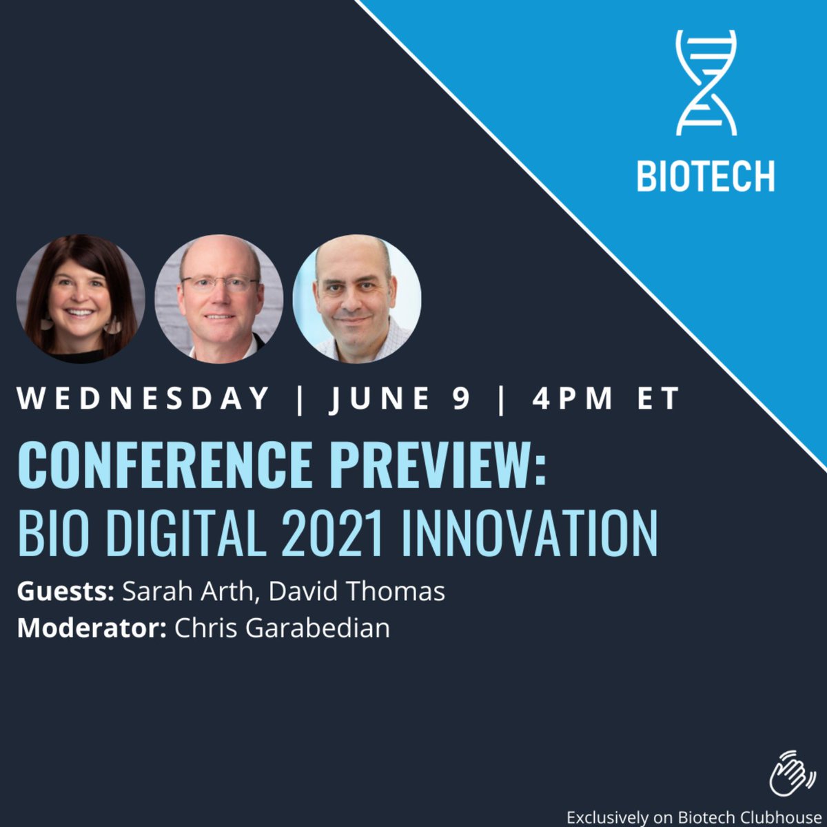 IAmBiotech's tweet photo. Happening now on @BiotechCH: @sarahsarth, @DavidThomasCFA, @cngarabedian talk #BIODigital and investment and deal trends. Join us: https://t.co/5t09E3gMLG https://t.co/5dggrNChPJ