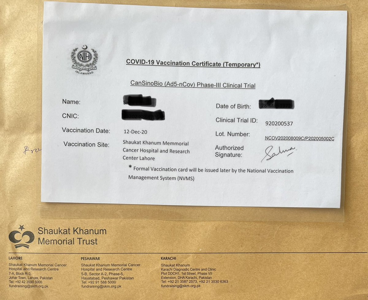 ikramlhe's tweet photo. @fslsltn Do u feel the type of vaccine certificates issued to volunteers who took part in  #CanSino vaccine trial @SKMCH appropriate &amp; would be recognized any where without any integration with NADRA https://t.co/WvKsIbrj75