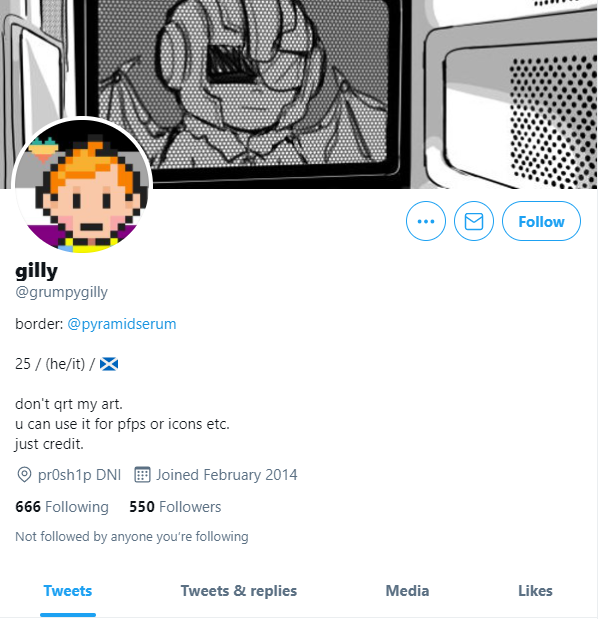 Grumpygilly2's tweet photo. Hey, does anyone in the Mother3 fandom want to address the weird shit that Gilly is doing on its' personal account? 
Main vs. Personal Account 
Note the same pronouns, same art, and same age. (25 lol) https://t.co/HUIJWKkPHX