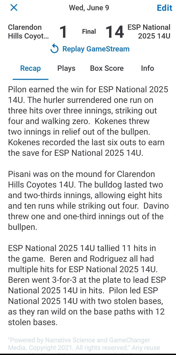 ESP Select Baseball 2025 National (@esp2025national) on Twitter photo Another W for <a href="/ESP2025National/">ESP Select Baseball 2025 National</a>! Strong start for <a href="/noahpil11/">Noah P</a> and closed by MKokenes. Team hit well, led by CBeren, who went 3for3 with 4 RBIs. Team is on ๐ฅ
#ESPtrained
<a href="/TaddGibby24/">Tadd Gibson</a> Another W for <a href="/ESP2025National/">ESP Select Baseball 2025 National</a>! Strong start for <a href="/noahpil11/">Noah P</a> and closed by MKokenes. Team hit well, led by CBeren, who went 3for3 with 4 RBIs. Team is on ๐ฅ
#ESPtrained
<a href="/TaddGibby24/">Tadd Gibson</a>
