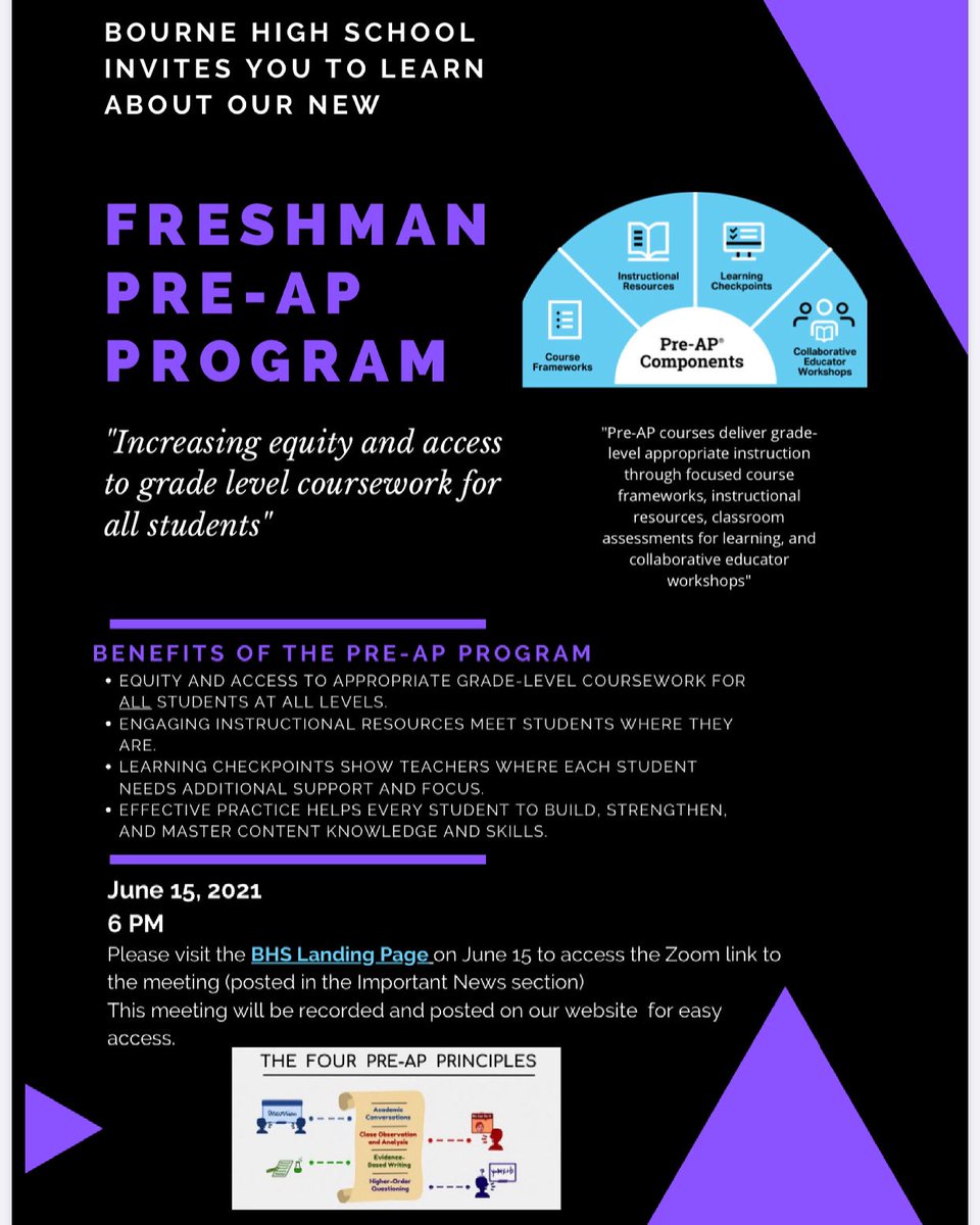 Parents of incoming freshmen are invited to attend our Grade 9 Pre-AP Information Session on Tuesday June 15 at 6 PM. This meeting will be recorded and posted on our website for your convenience. <a href="/CollegeBoard/">College Board</a> #gradelevelcoursework4all #equity #access