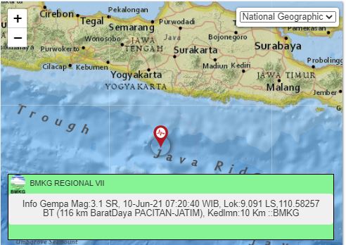 bmkgjogja's tweet photo. Info Gempa Mag:3.1 SR, 10-Jun-21 07:20:40 WIB, Lok:9.091 LS,110.58257 BT (116 km BaratDaya PACITAN-JATIM), Kedlmn:10 Km ::BMKG-PGR VII https://t.co/0k64Bfist9