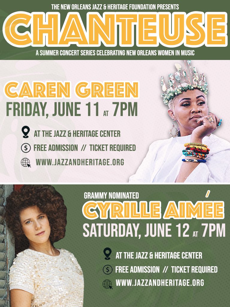Join us for more “Chanteuse: Celebrating New Orleans Women in Music" this weekend! Friday, <a href="/IAmCarenGreen/">Caren Green</a> will perform her rescheduled outdoor set at the New Orleans Jazz &amp; Heritage Foundation. Saturday, <a href="/CyrilleAimee/">Cyrille Aimée</a>! Only a few tix remain for both shows. jazzandheritage.org/chanteuse