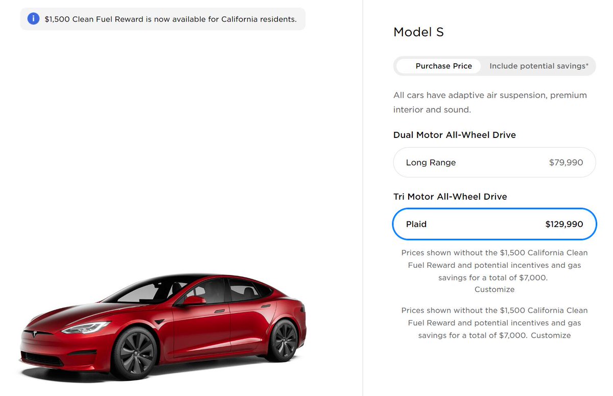 Tesla Model S Plaid starting price in US increased by $10,000 from $119,999 to $129,999.
