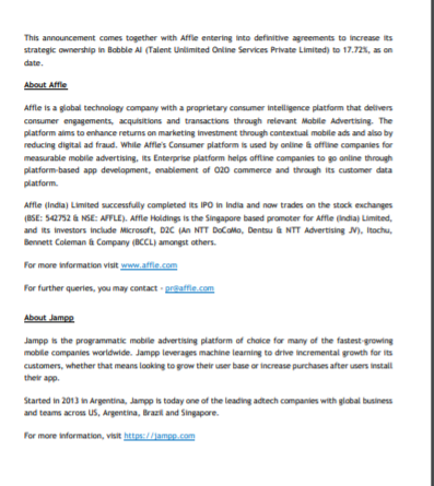 dramit9679's tweet photo. #affleindia to acquire #jampp 100%
#investor #investments #Nifty @CNBC_Awaaz https://t.co/qZ37LaI6f4