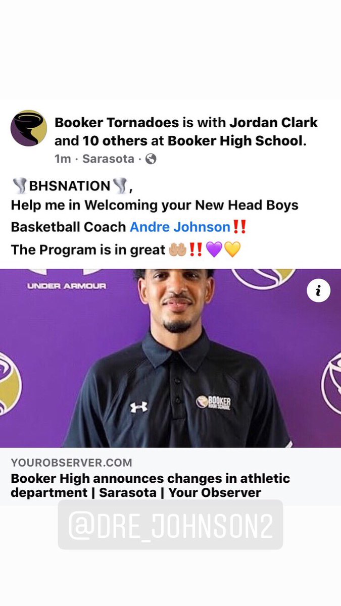 🌪BHSNATION🌪,
Help me in Welcoming your New Head Boys Basketball Coach Andre Johnson (@DreJohnson_2)‼️ 
The Program is in great 🤲🏼‼️💜💛

yourobserver.com/article/booker…