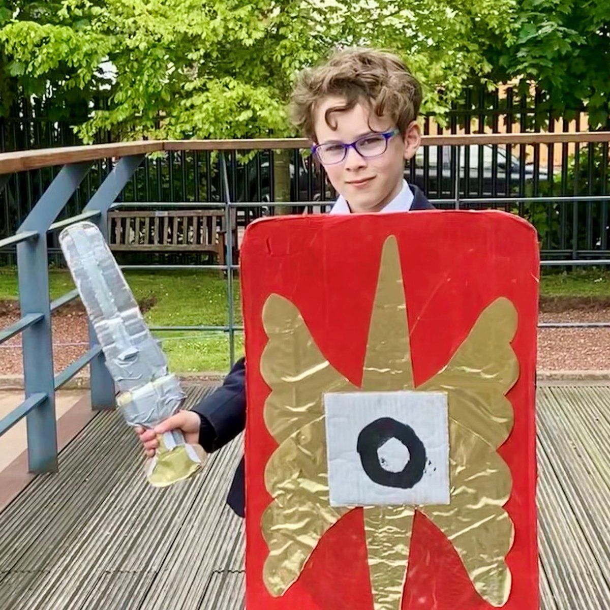 Ave, Vincentius! 
This Roman legionary, of the 3rd Legion, spent hours of his free time creating a shield and gladius. The props were put to good use at the battle of Watling Street. Awesome job! <a href="/Habsmonmouth/">Haberdashers' Monmouth School</a> <a href="/MonBoysPrep/">Monmouth Boys' Prep</a> #Romans #SPQR #Legionary