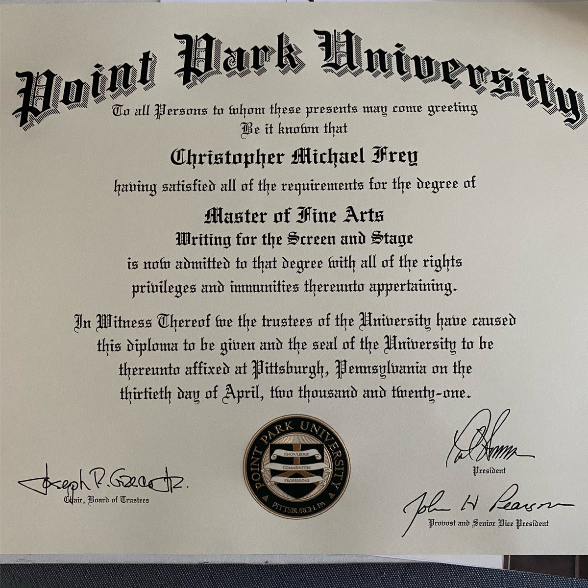 cfscreenwriter's tweet photo. I’m going to mark this moment as an accomplishment. This came after many of years of self doubt and negative self talk. It’s been humbling and self-affirming to graduate with my MFA at the same time I began the @StoweStoryLabs #Humbled #screenwriting #mfa https://t.co/p5F8Gb3Rt6