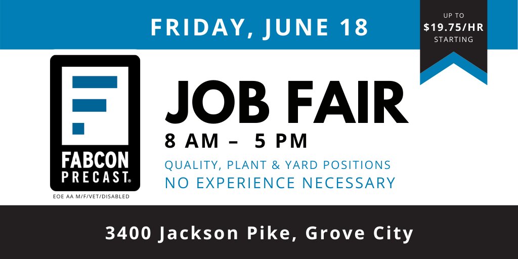 FabconPrecast's tweet photo. Ohio, come be part of our growing team! Stop by our upcoming job fair at our Grove City plant on Friday, June 18th to discover all that Fabcon has to offer. Our OH team will be holding open interviews from 8 a.m. to 5 p.m. #ThinkFabcon https://t.co/bqhRP0Eemv