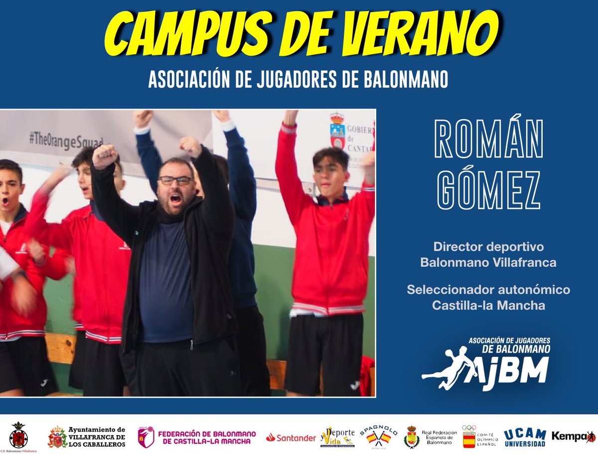 ¿Quieres saber quién te va a entrenar en nuestros Campus? 🧐

👤 Román Gómez
📍 Director deportivo <a href="/BmVillafranca/">CD Bm Villafranca</a>
🤾🏼 Seleccionador <a href="/fbmclm/">Fed. Balonmano de Castilla-La Mancha</a>

Inscríbete y disfruta del verano en la mejor compañía de entrenadores de nivel TOP 🙌🏼
➡️ bit.ly/3w5Wqro

#️⃣ #AJBMSomosTodos