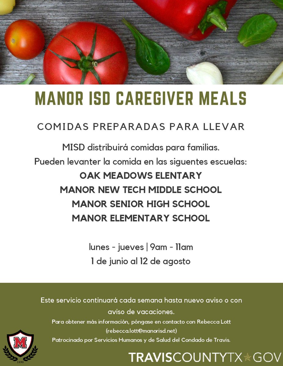 Manor ISD Food (@manorisdfood) on Twitter photo Free 4-Day Meal Packs available tomorrow to any child 18 and under and their caregivers at Oak Meadows ES, Manor Senior High, New Tech Middle School and Manor Elementary Early Learning Center from 9-11!!!
<a href="/ManorISD/">Manor ISD</a>
<a href="/OMESOwls/">Oak Meadows ES</a>
<a href="/ManorSeniorHS/">Manor Senior High</a>
<a href="/newtechmiddle/">New Tech Middle</a>
<a href="/ManorEELC/">Manor Elementary Early Learning Center</a> Free 4-Day Meal Packs available tomorrow to any child 18 and under and their caregivers at Oak Meadows ES, Manor Senior High, New Tech Middle School and Manor Elementary Early Learning Center from 9-11!!!
<a href="/ManorISD/">Manor ISD</a>
<a href="/OMESOwls/">Oak Meadows ES</a>
<a href="/ManorSeniorHS/">Manor Senior High</a>
<a href="/newtechmiddle/">New Tech Middle</a>
<a href="/ManorEELC/">Manor Elementary Early Learning Center</a>