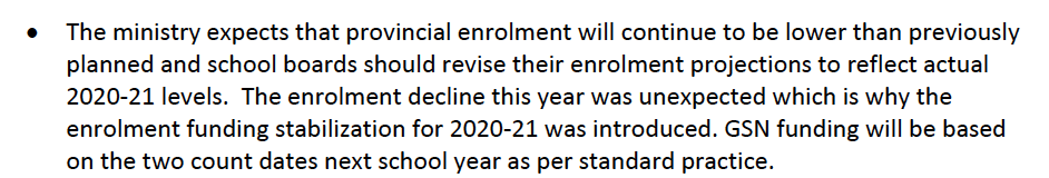 JenniferRobson8's tweet photo. What is this enrolment uncertainty? Here's the direction from the Ministry of Ed to local boards: 
Note: 1) projecting enrolment decline (consistent with board-level memo in 1st tweet) and 2) while it was "unexpected" it is now projected to continue this year. https://t.co/ls1OJvsbyV
