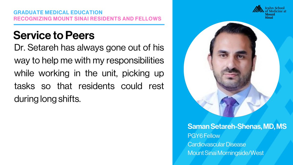 Dr. Saman Setareh-Shenas, PGY6 Cardiovascular Disease Fellow, has always gone out of his way to help with responsibilities while working in the unit. #ResidentAndFellowAppreciation