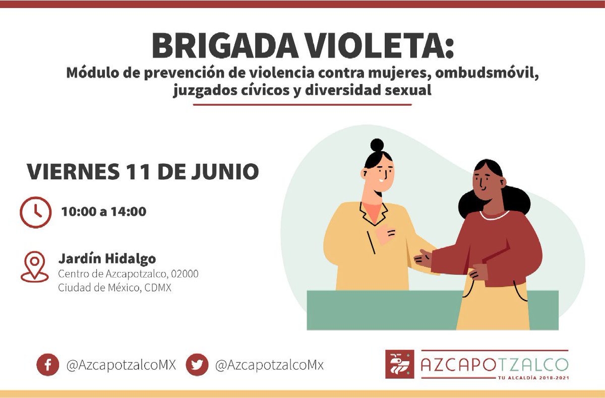AzcapotzalcoMx's tweet photo. ♀️ Con las #BrigadasVioletas acercamos información para la prevención de la violencia hacia las mujeres, módulos de Derechos Humanos y orientación legal.
☝Visítanos este viernes 11 de junio de 10:00 a 14:00 en el Jardín Hidalgo, centro de Azcapotzalco. https://t.co/0Q7HRWg0Az