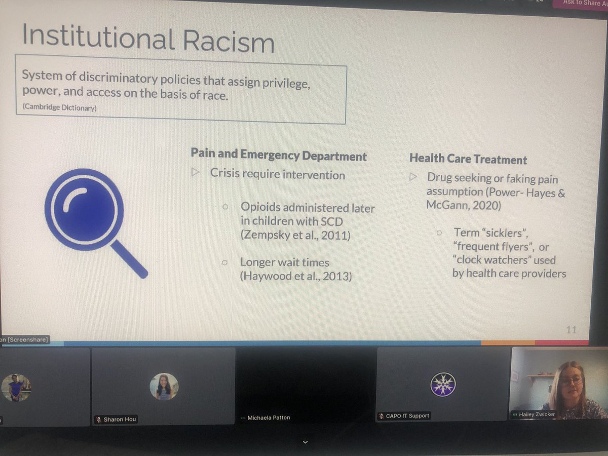 SchulteFiona's tweet photo. @ZwickerHailey shares a definition of ‘Systematic racism’ as a system of discriminatory policies that assign privilege, power, and access on the basis of race. She is examining perceived racism in #sicklecelldisease #CAPO2021 @CAPO_ACOP https://t.co/jjw5S1bn7J