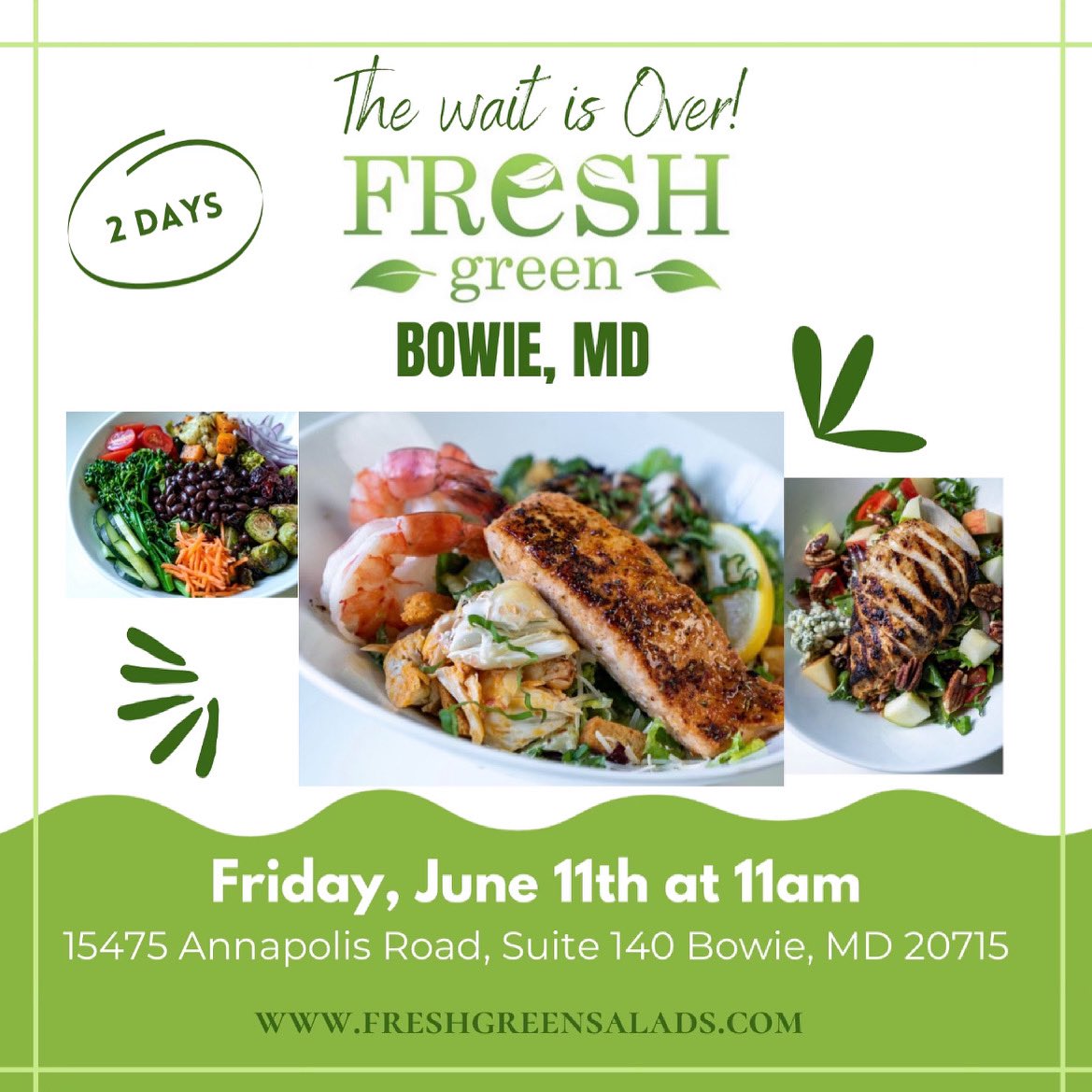 freshgreen___'s tweet photo. BOWIE!!! The wait is OVER! Yes, our Bowie location will OPEN this FRIDAY which is only 2 days away! We appreciate your patience and can’t wait to serve you! WELCOME TO THE GREEN TEAM BOWIE🍃

15475 Annapolis Rd, Suite 140, Bowie, MD 20715

https://t.co/ylkIMC5QcC 
#freshgreen https://t.co/3xZ1tn17FM
