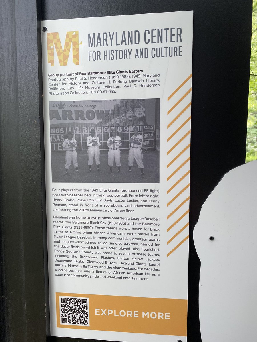 kskinne1's tweet photo. Finally got a chance to see the @MDHistory display of the Baltimore Elite Giants at Watkins Park today @pgparks! @NLBMuseumKC, thought you might enjoy seeing a very cool localized tribute. #StepIntoHistory https://t.co/7ICyz2D321
