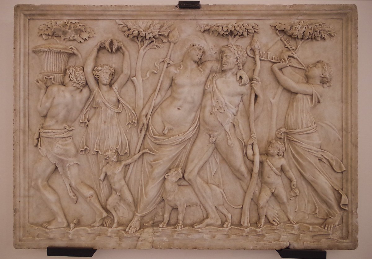 chapps's tweet photo. For #ReliefWednesday, a new digital reconstruction of this 2nd c. AD Dionysian relief as it might have looked in antiquity. All but one of the faces had to be restored. Thanks to @roamintheempire for the original image and @DrNWillburger! #museicapitolini #polychromy  1/ https://t.co/GbhKwQFLoN